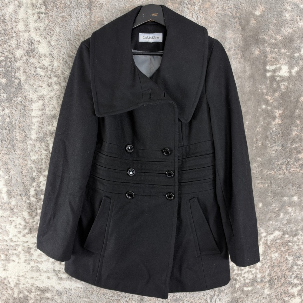 Calvin Klein Size 6 Double Breasted Wool Blend Peacoat Black Long Sleeve Women